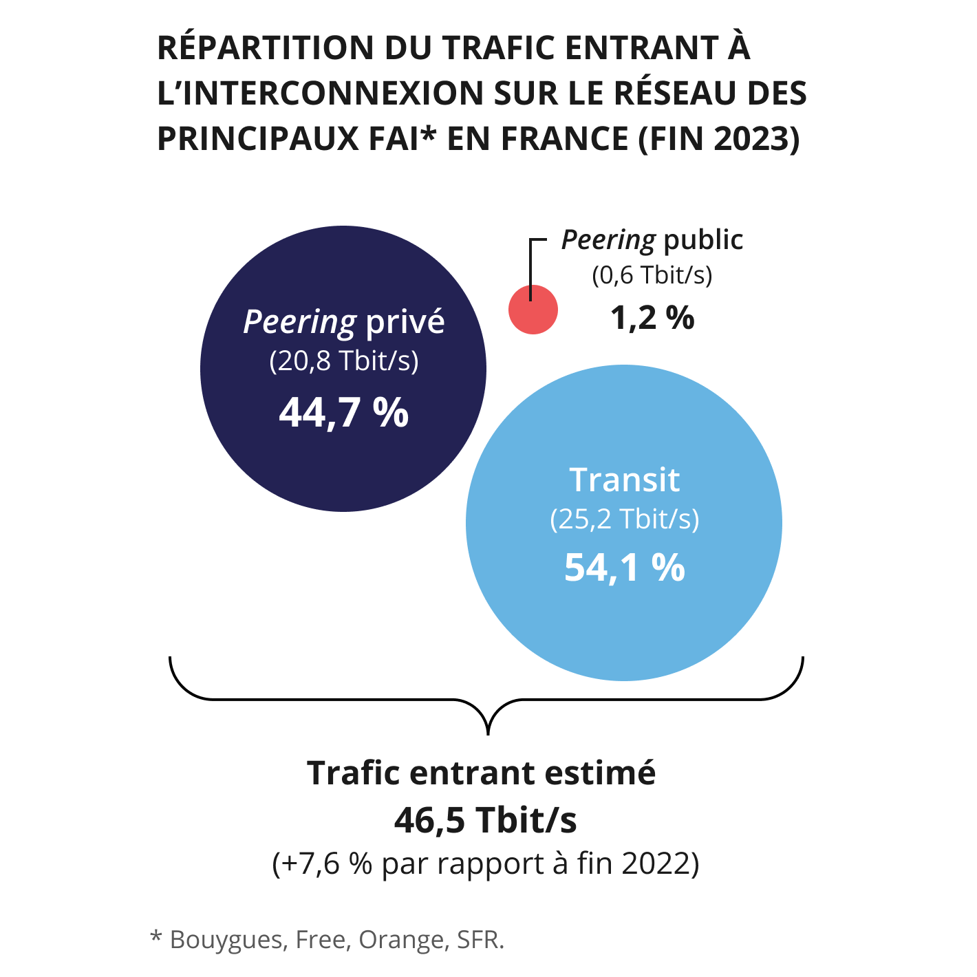 Infographie représentant la décomposition selon l'origine du trafic vers les principaux FAI en France à fin 2023 Infographie représentant la décomposition selon l'origine du trafic vers les principaux FAI en France à fin 2023