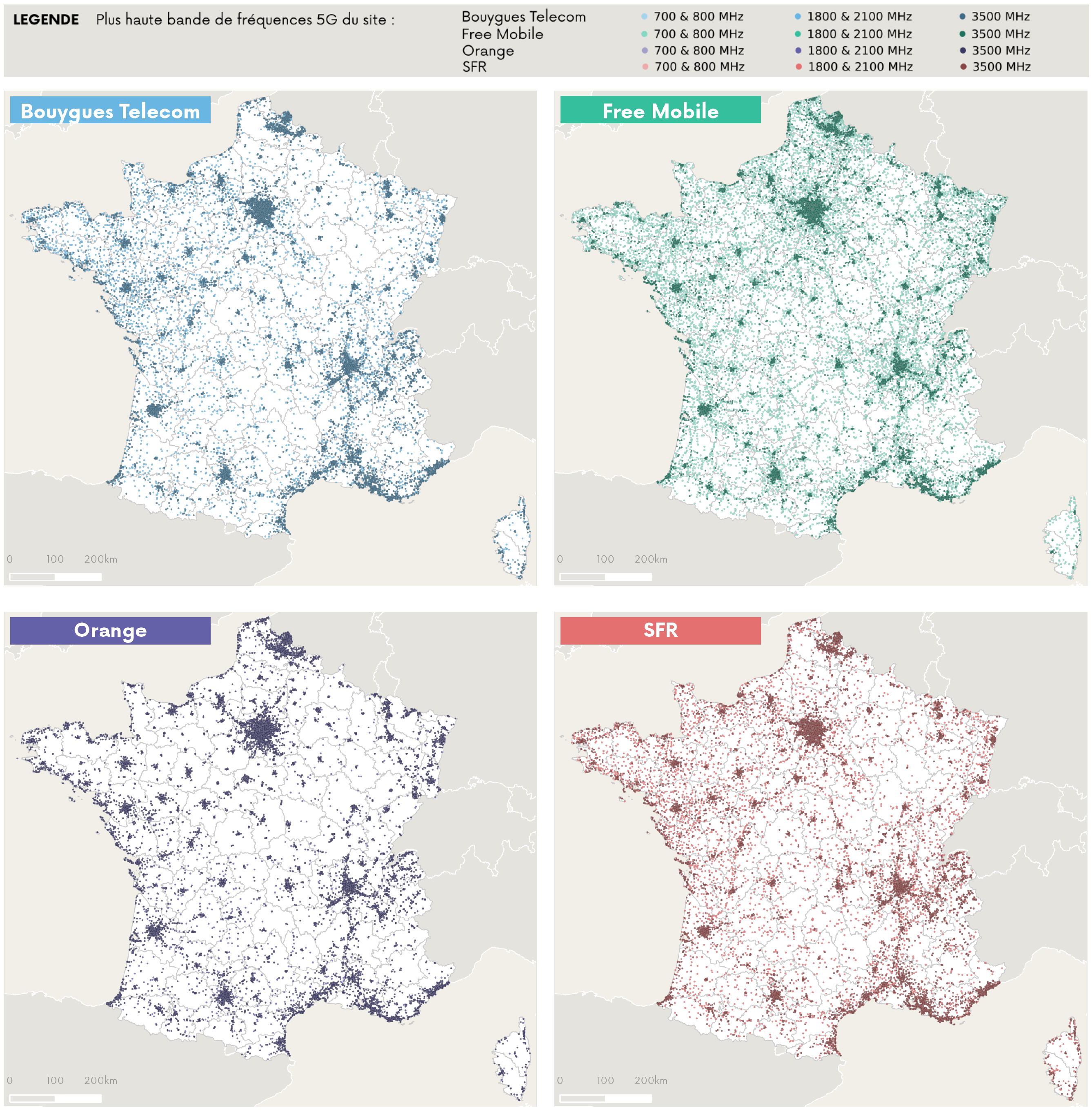 Cartographie des sites 5G ouverts commercialement par opérateur